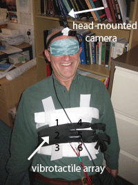6 motor vibrotactile corset driven by a head-mounted camera which successfully enabled subjects to track a  ball rolling towards them (November 2008). Photo by Jon Bird.